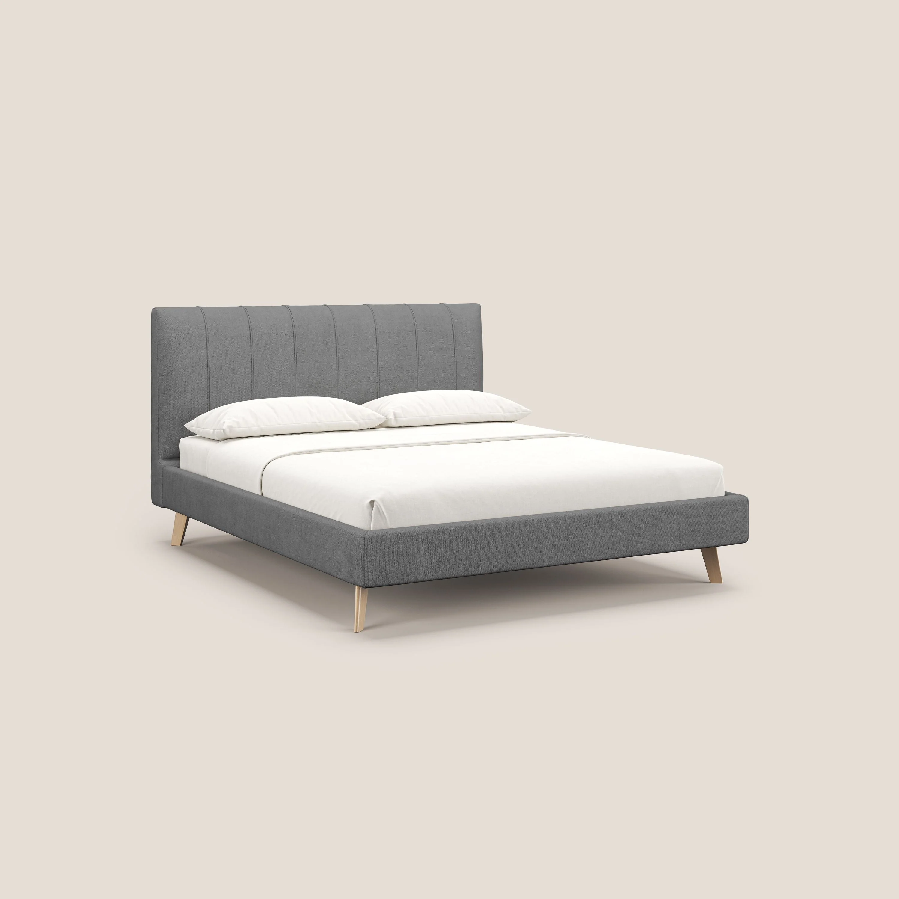 Selene lit rembourré avec pieds bois naturel déhoussable en tissu imperméable T02 gris