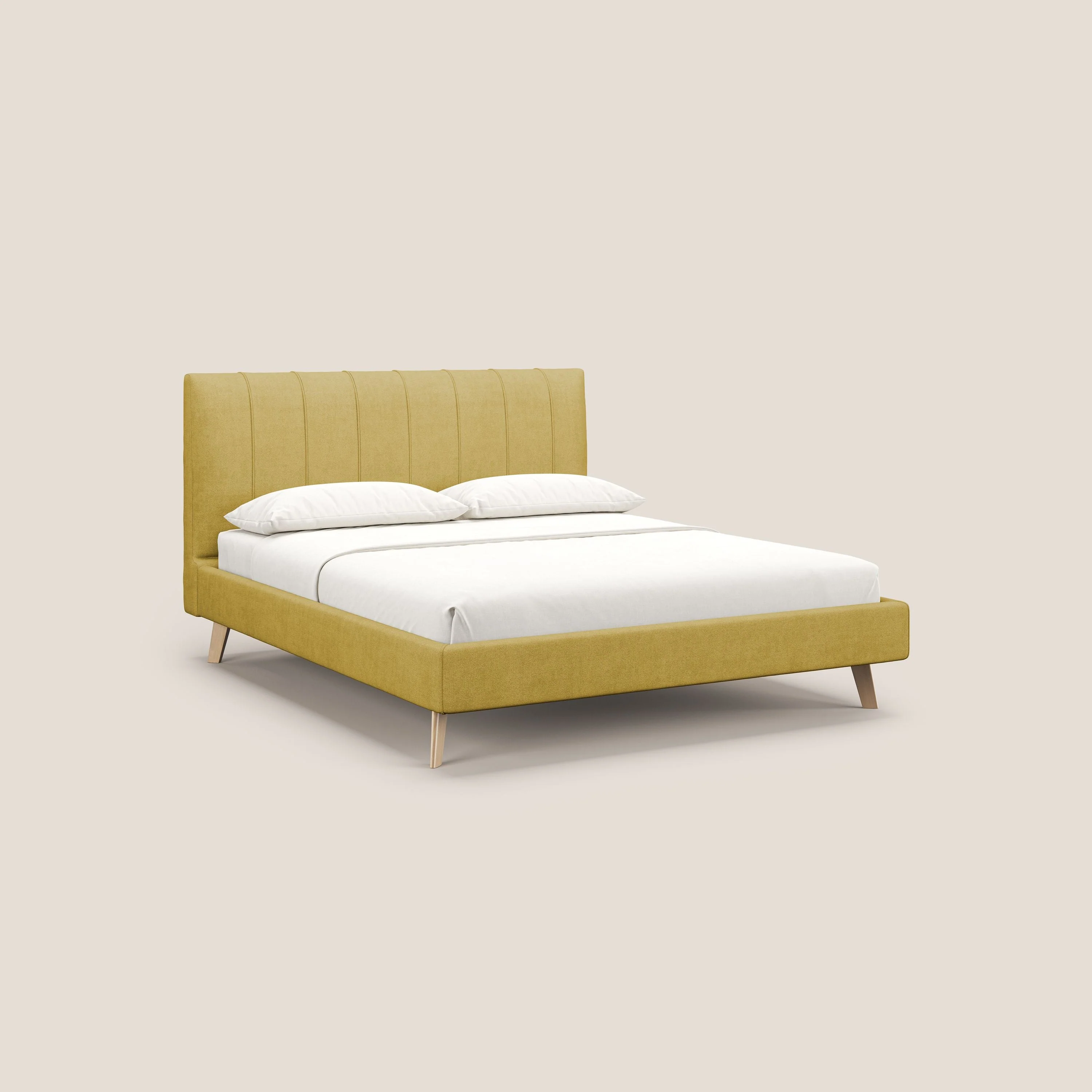 Selene lit rembourré avec pieds bois naturel déhoussable en tissu imperméable T02 jaune