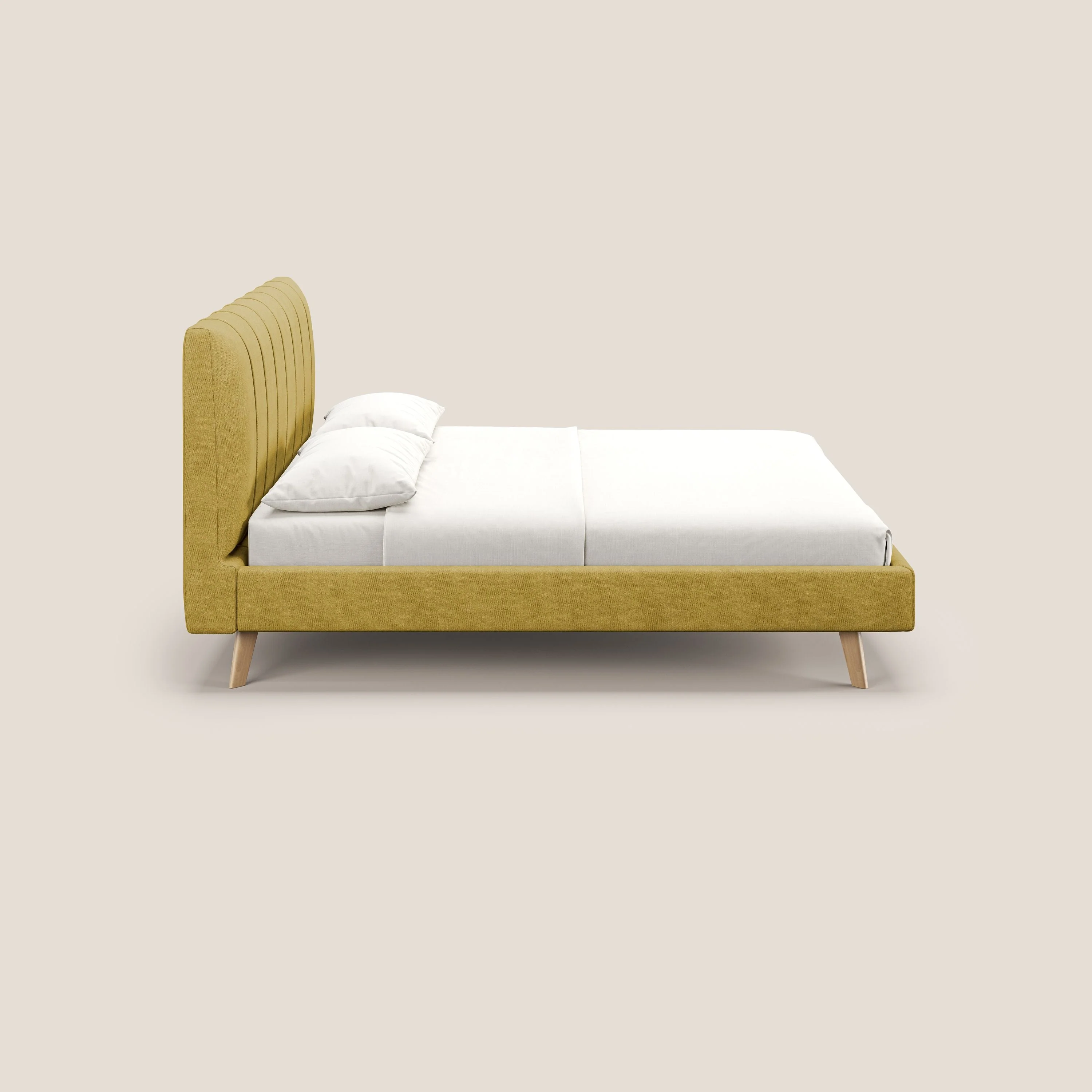Selene lit rembourré avec pieds bois naturel déhoussable en tissu imperméable T02 jaune - Image 4