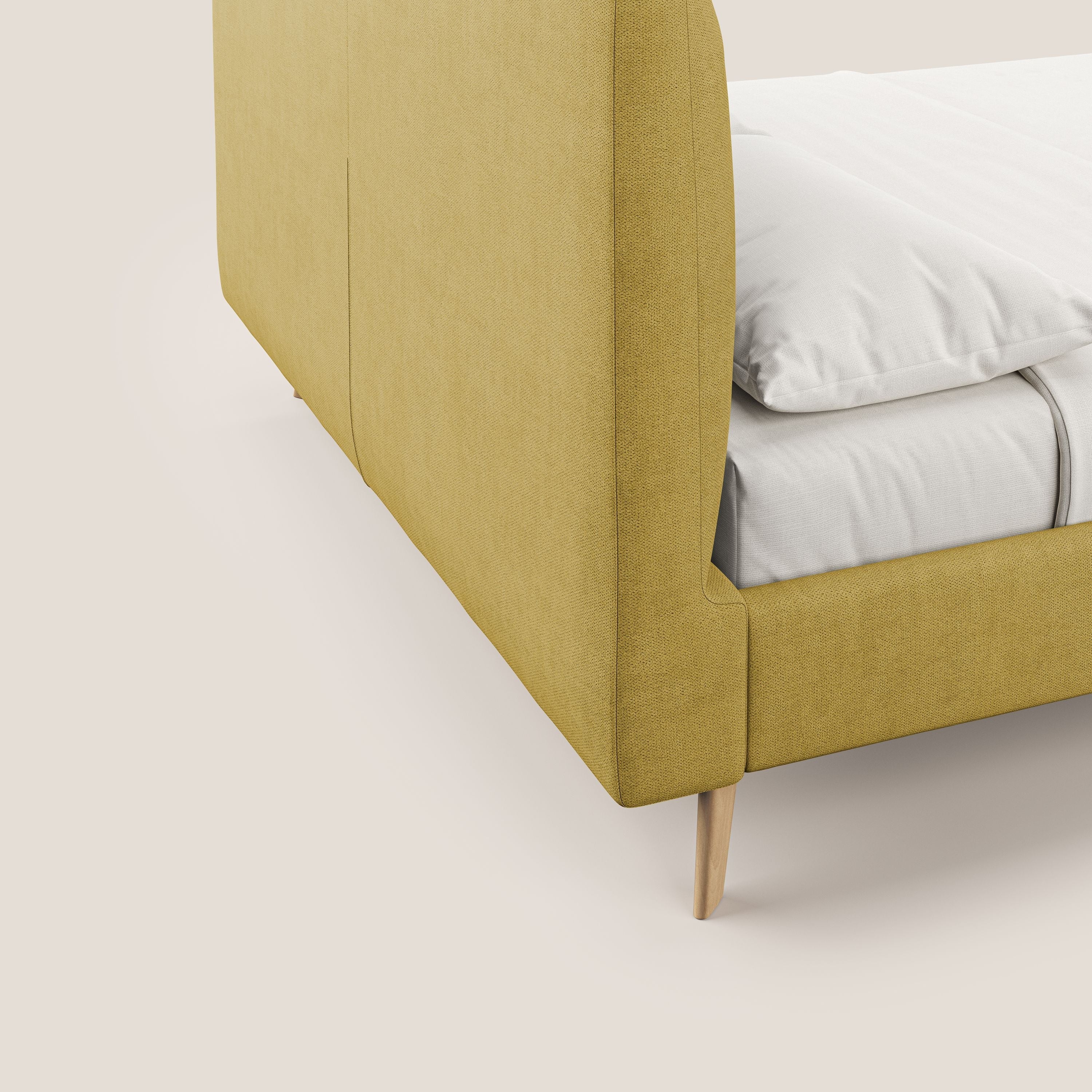 Selene lit rembourré avec pieds bois naturel déhoussable en tissu imperméable T02 jaune - Image 7