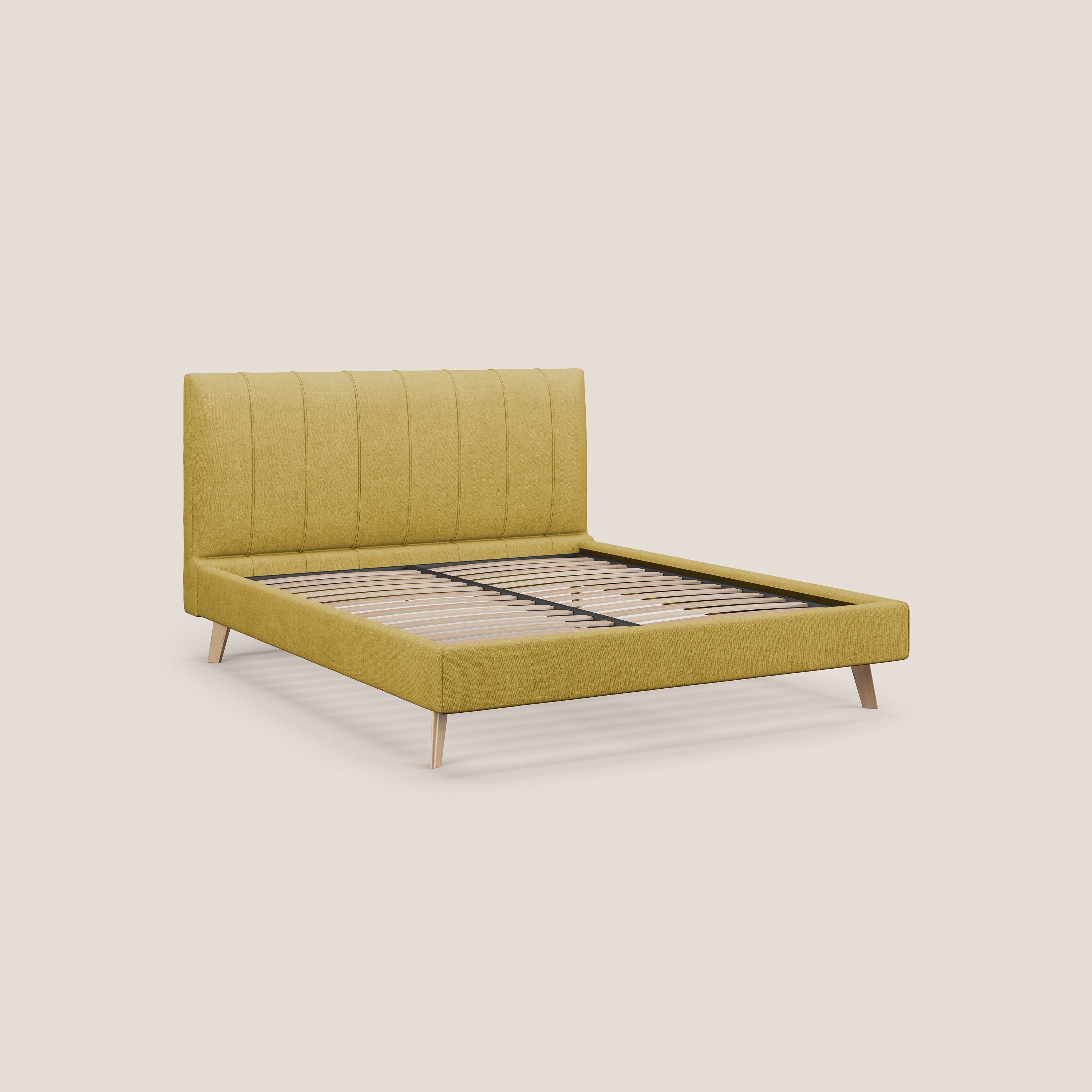 Selene lit rembourré avec pieds bois naturel déhoussable en tissu imperméable T02 jaune - Image 8