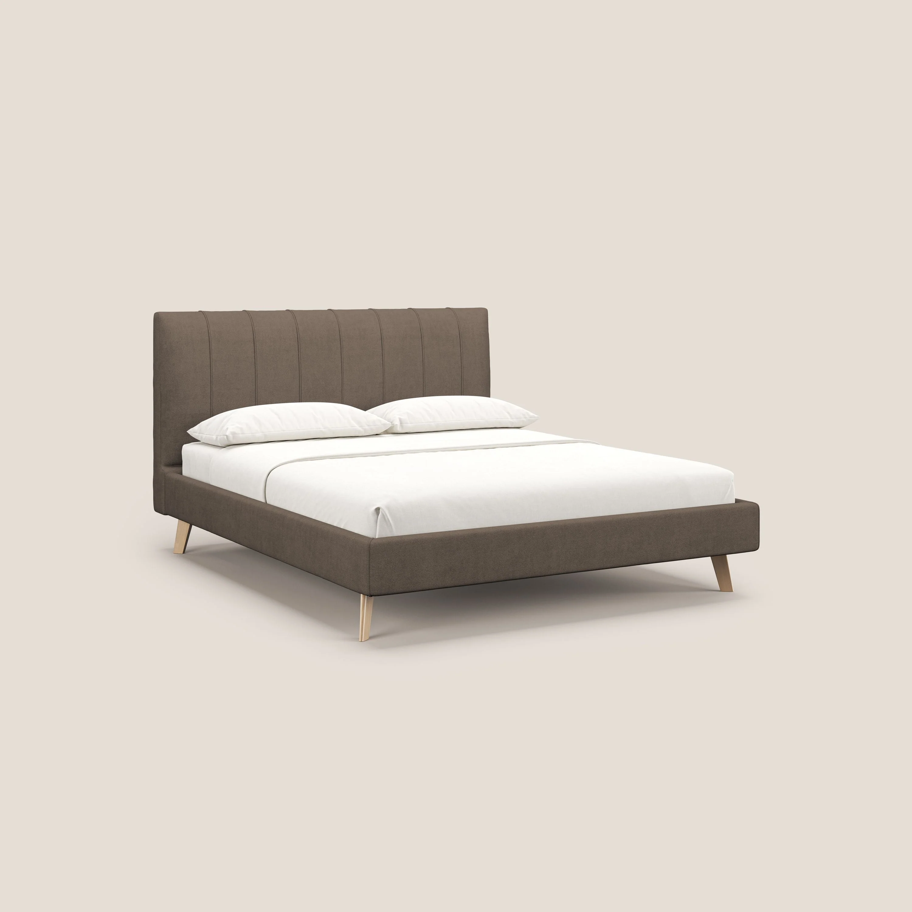 Selene lit rembourré avec pieds bois naturel déhoussable en tissu imperméable T02 marron