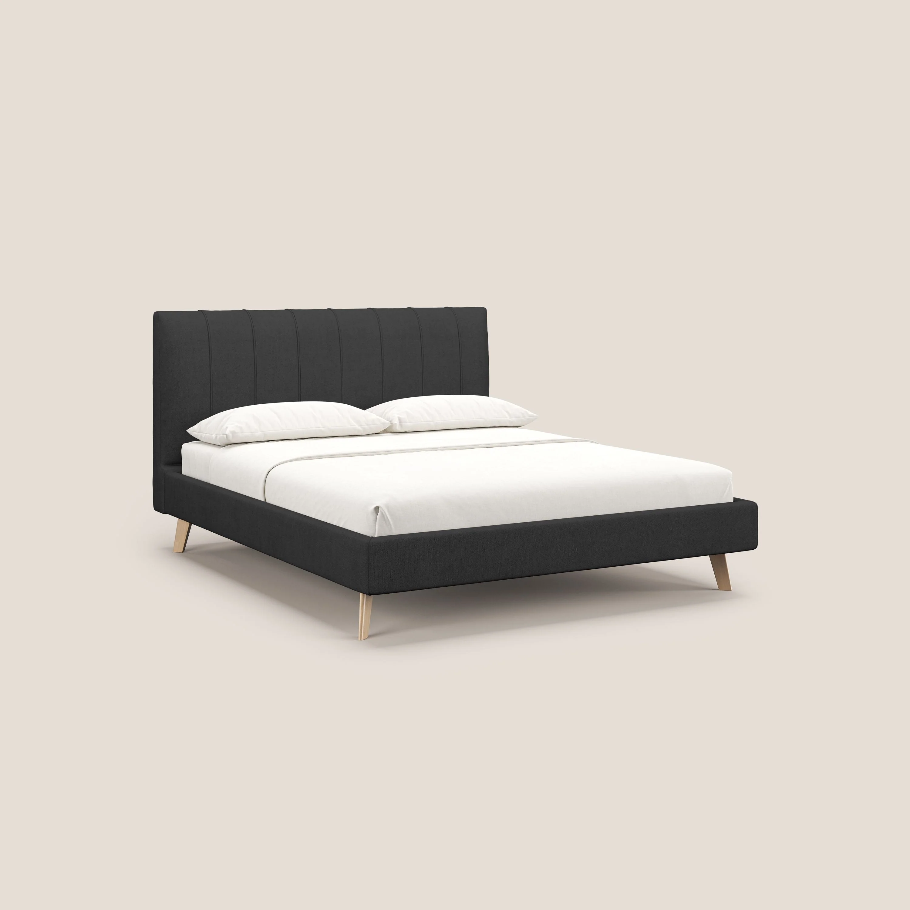 Selene lit rembourré avec pieds bois naturel déhoussable en tissu imperméable T02 noir