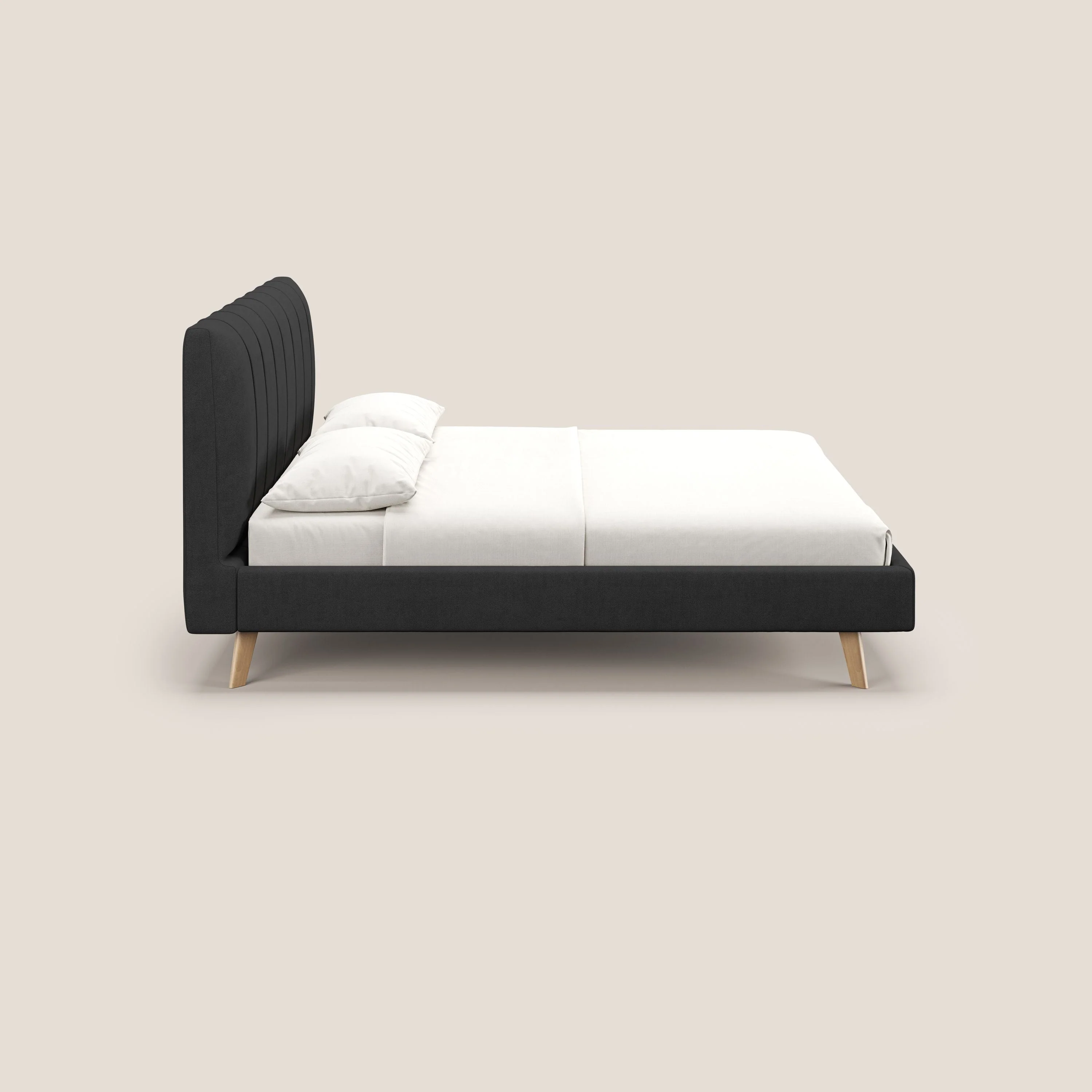 Selene lit rembourré avec pieds bois naturel déhoussable en tissu imperméable T02 noir - Image 4