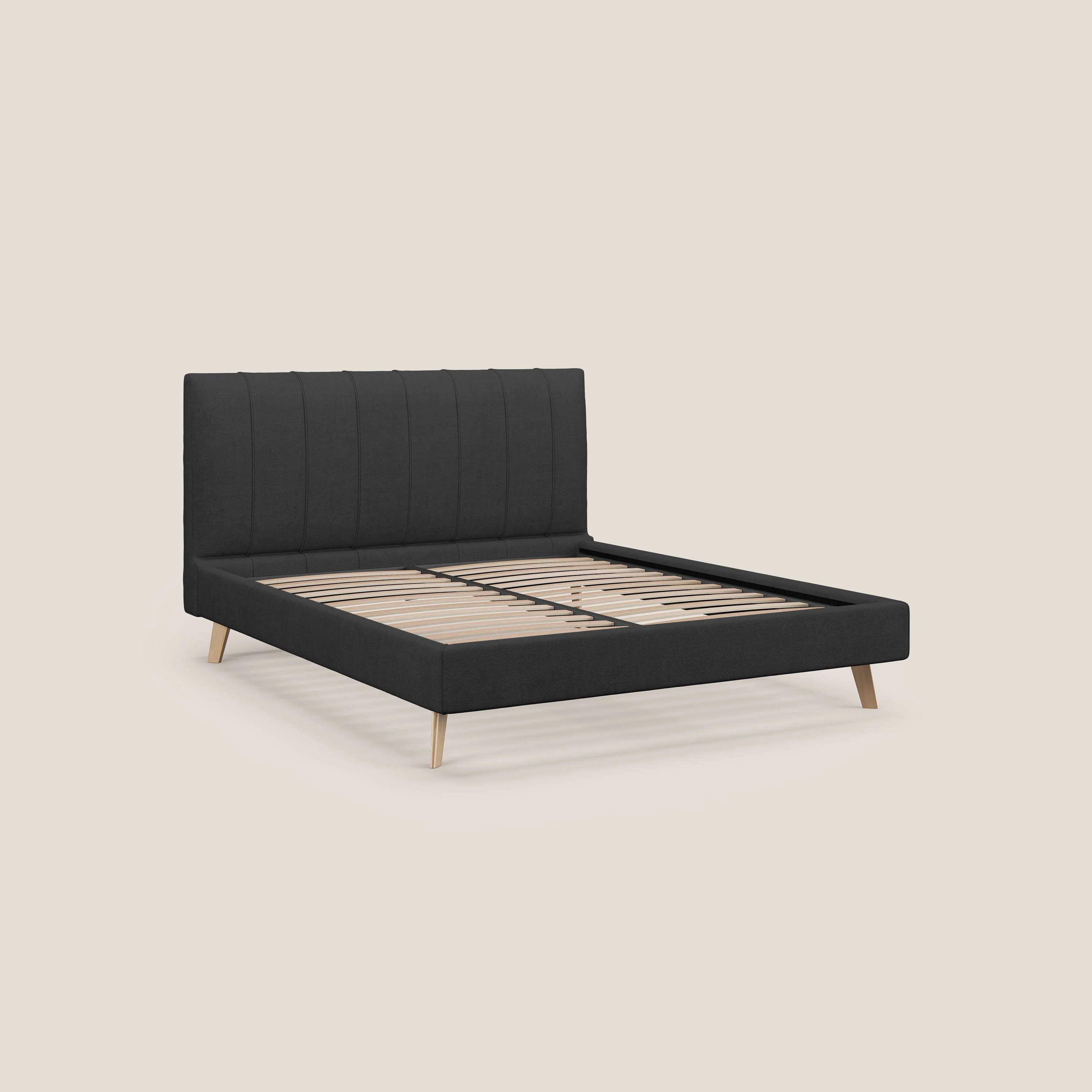 Selene lit rembourré avec pieds bois naturel déhoussable en tissu imperméable T02 noir - Image 7