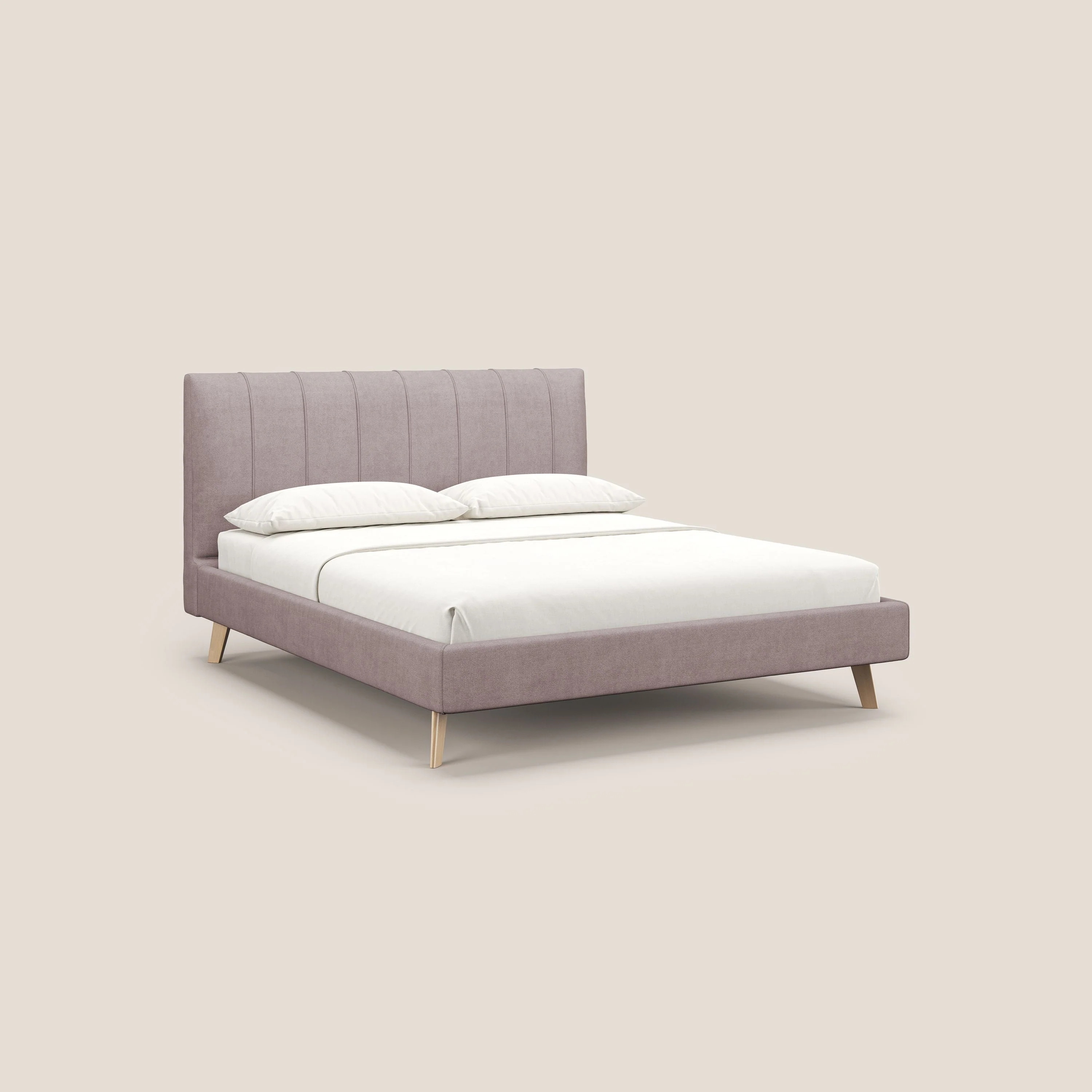 Selene lit rembourré avec pieds bois naturel déhoussable en tissu imperméable T02 rose