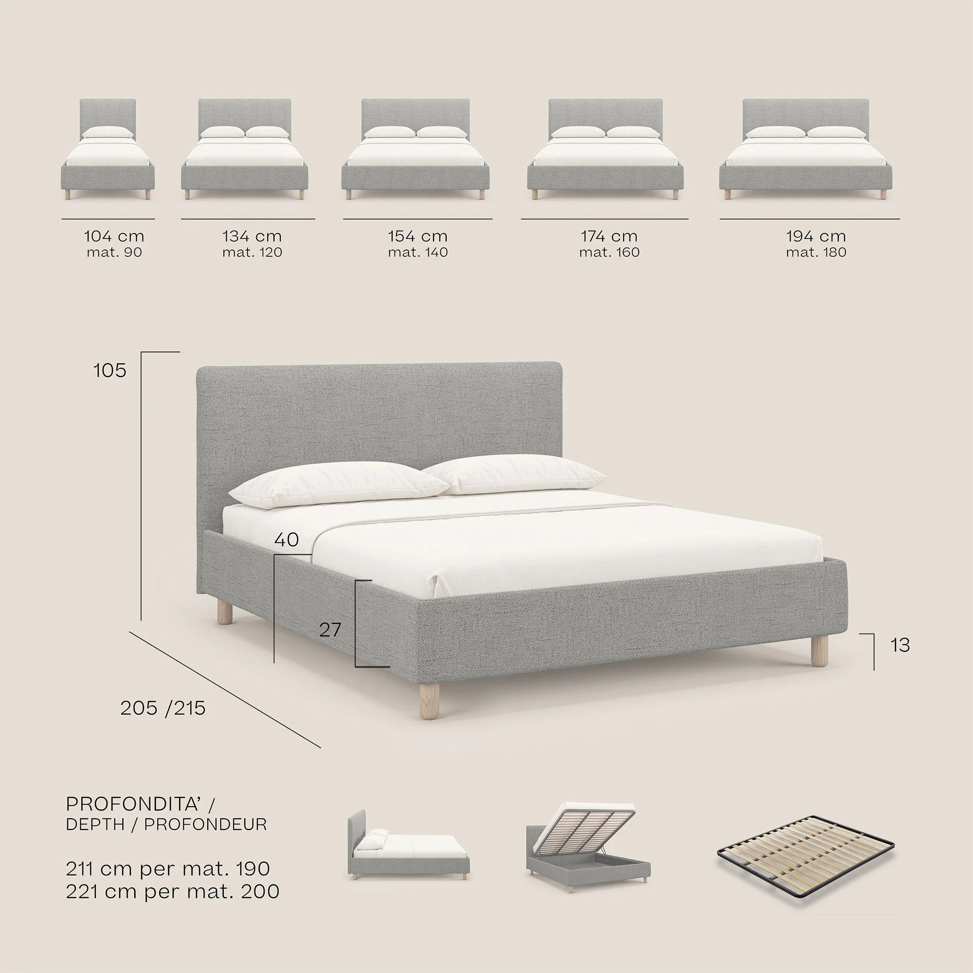 Serena lit coffre scandinave compact en tissu flammé imperméable T03 taupe - Image 9