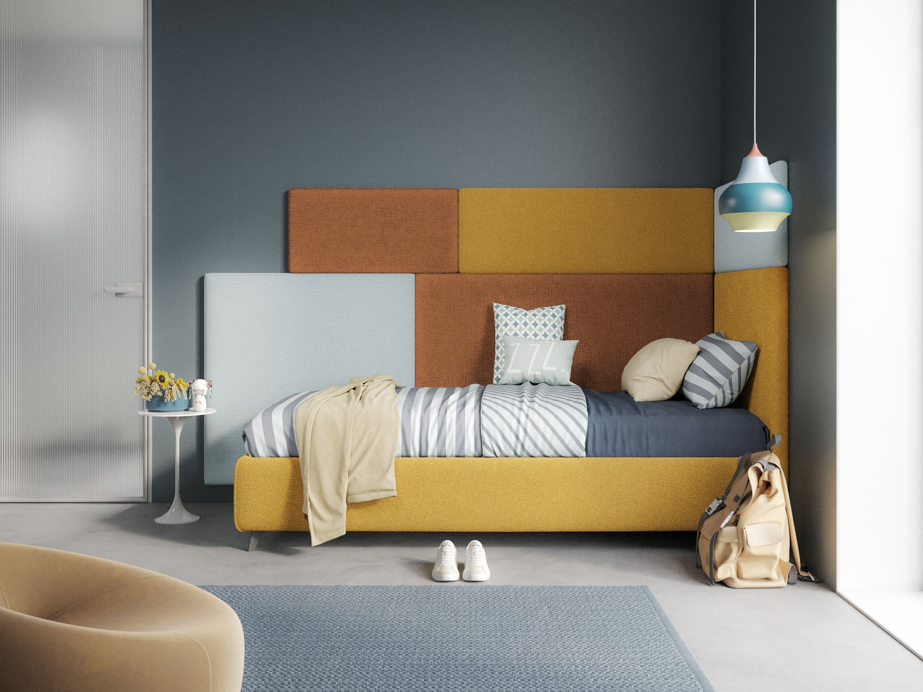 Tête de lit en  petit panneau mural de différentes dimensions en microfibre douce détachable T11 jaune - Image 2