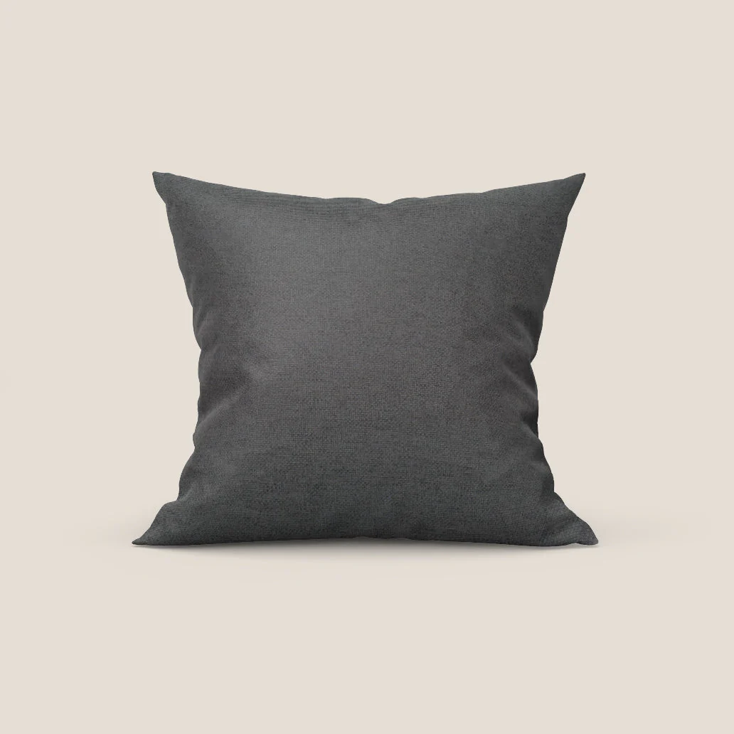 Coussin Tobago disponible en plusieurs couleurs, réalisé en tissu flammé simili coton imperméable T19 anthracite