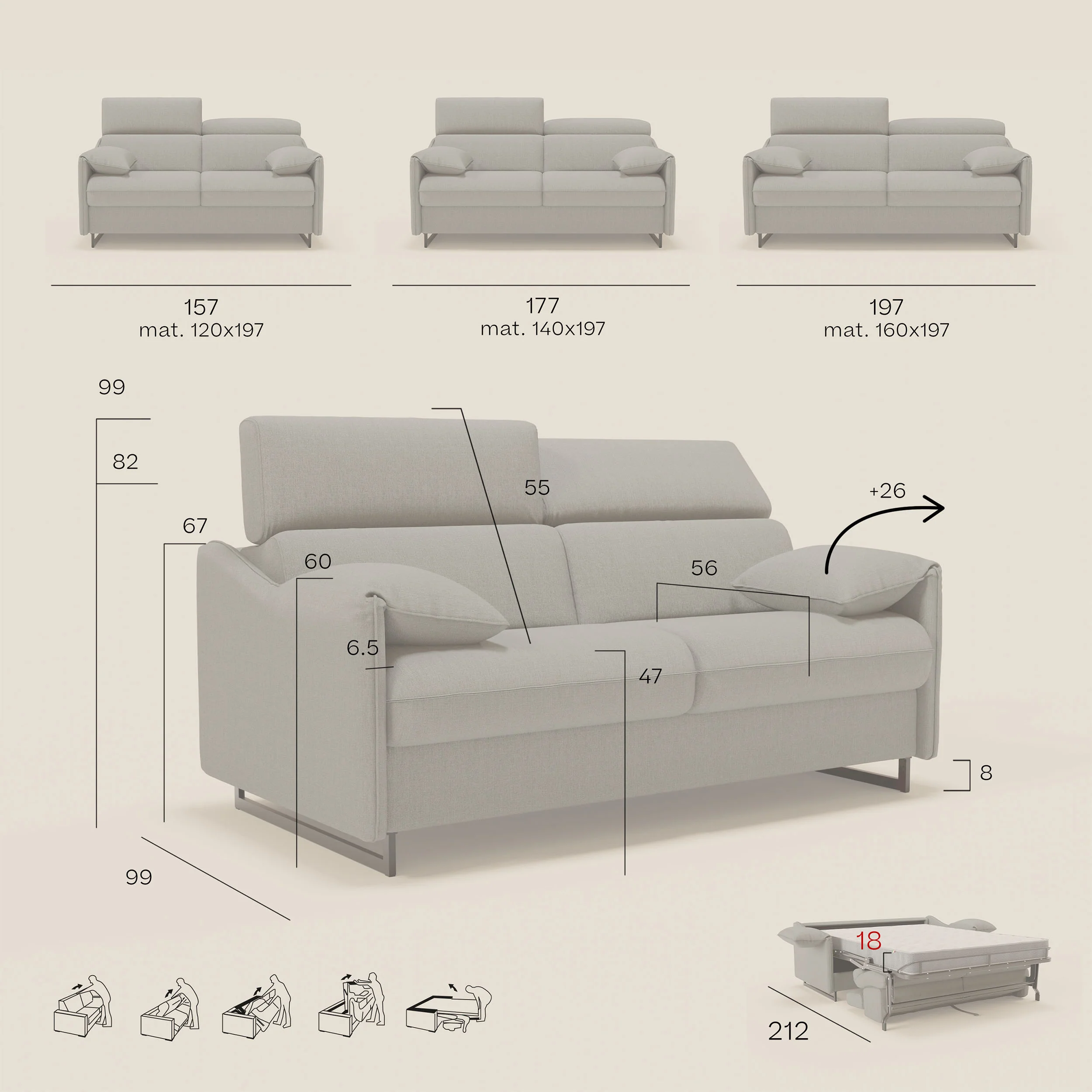 Violetta Canapé convertible matelas H18 cm - têtières réglables et accoudoirs amovibles en tissu imperméable T13 tourterelle - Image 14