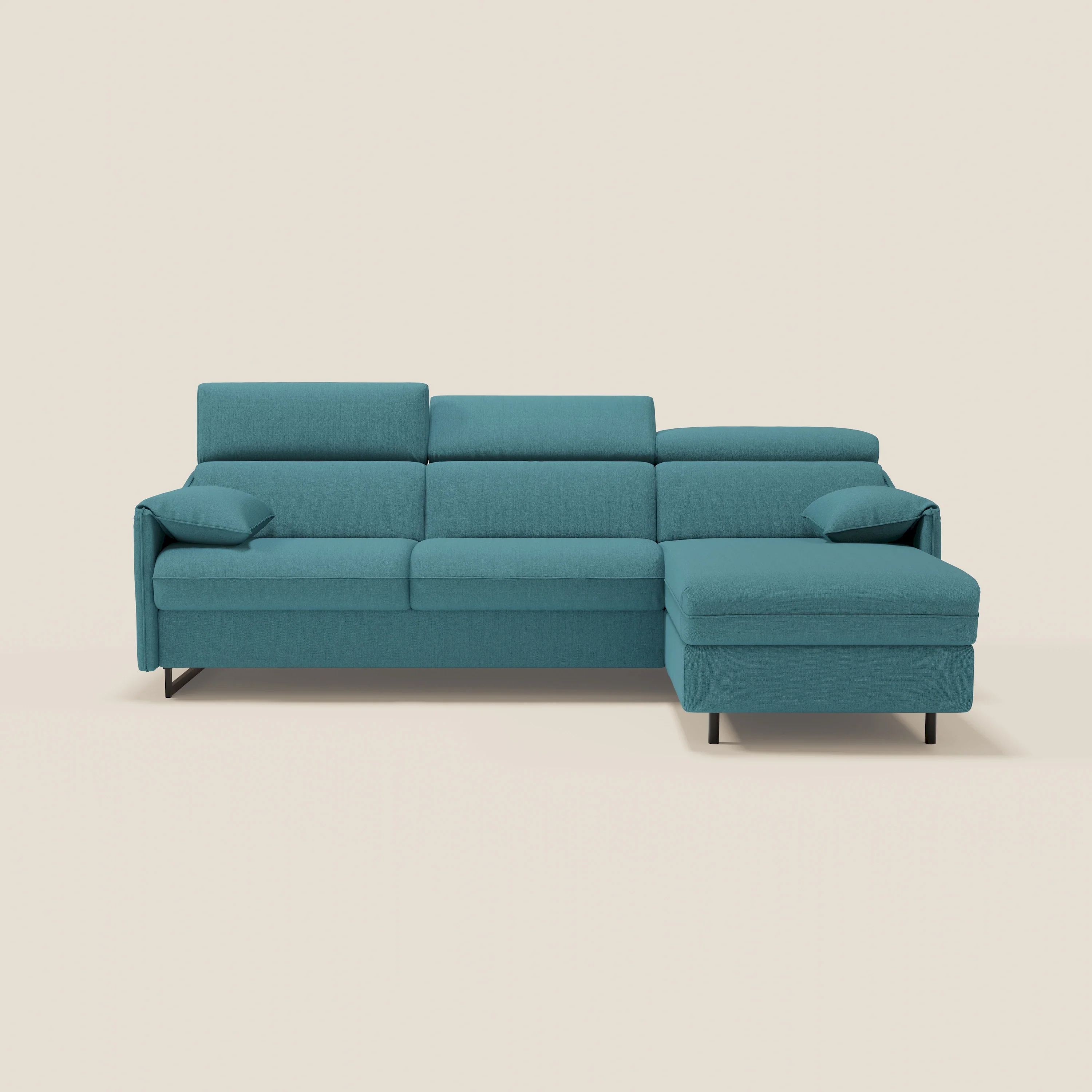 Violetta Canapé d'angle convertible avec chaise longue coffre, têtières et matelas 18cm en tissu imperméable T13 bleu ciel