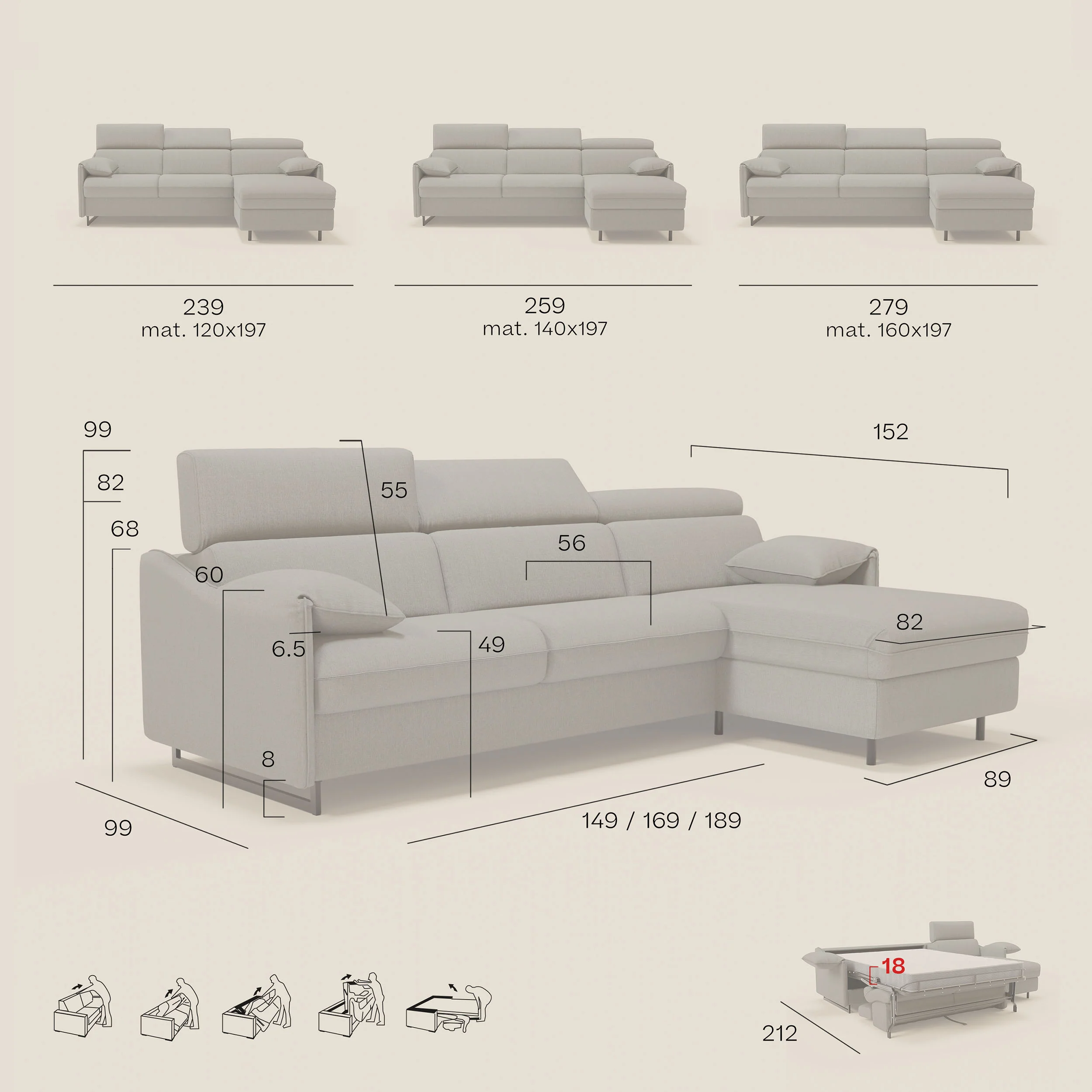 Violetta Canapé d'angle convertible avec chaise longue coffre, têtières et matelas 18cm en tissu imperméable T13 gris - Image 15