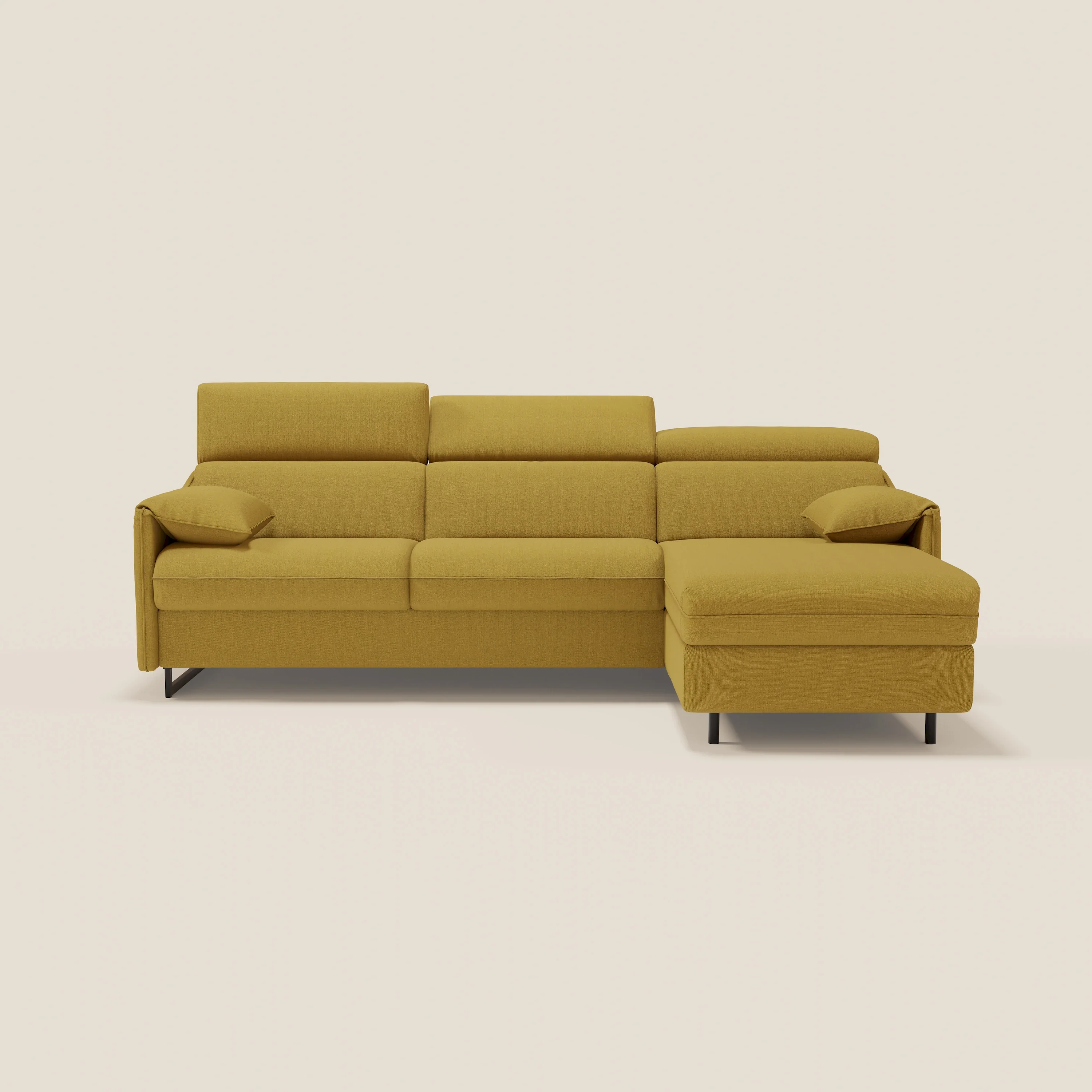 Violetta CanapĂ© d'angle convertible avec chaise longue coffre, tĂȘtiĂšres et matelas 18cm en tissu impermĂ©able T13 jaune