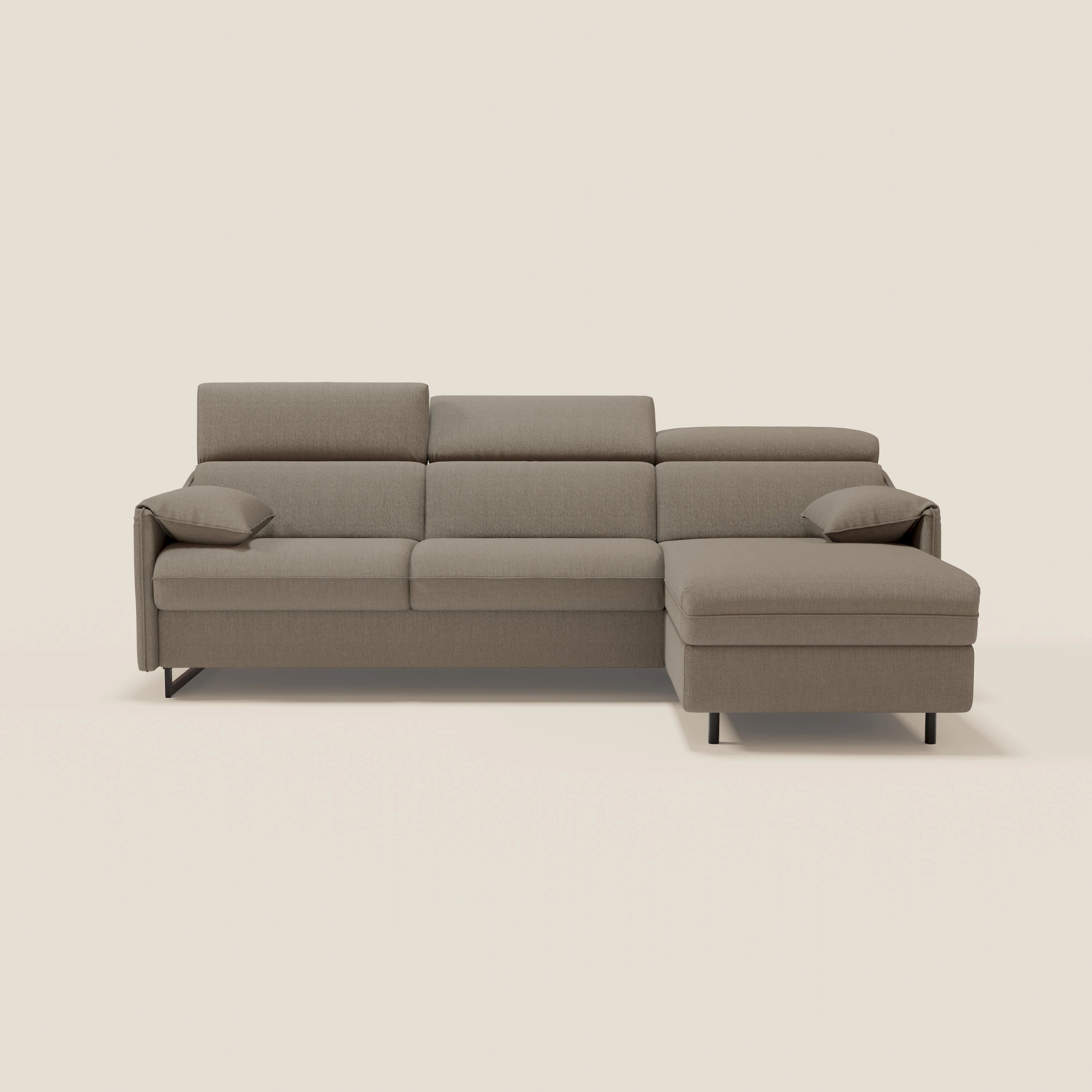 Violetta Canapé d'angle convertible avec chaise longue coffre, têtières et matelas 18cm en tissu imperméable T13 taupe