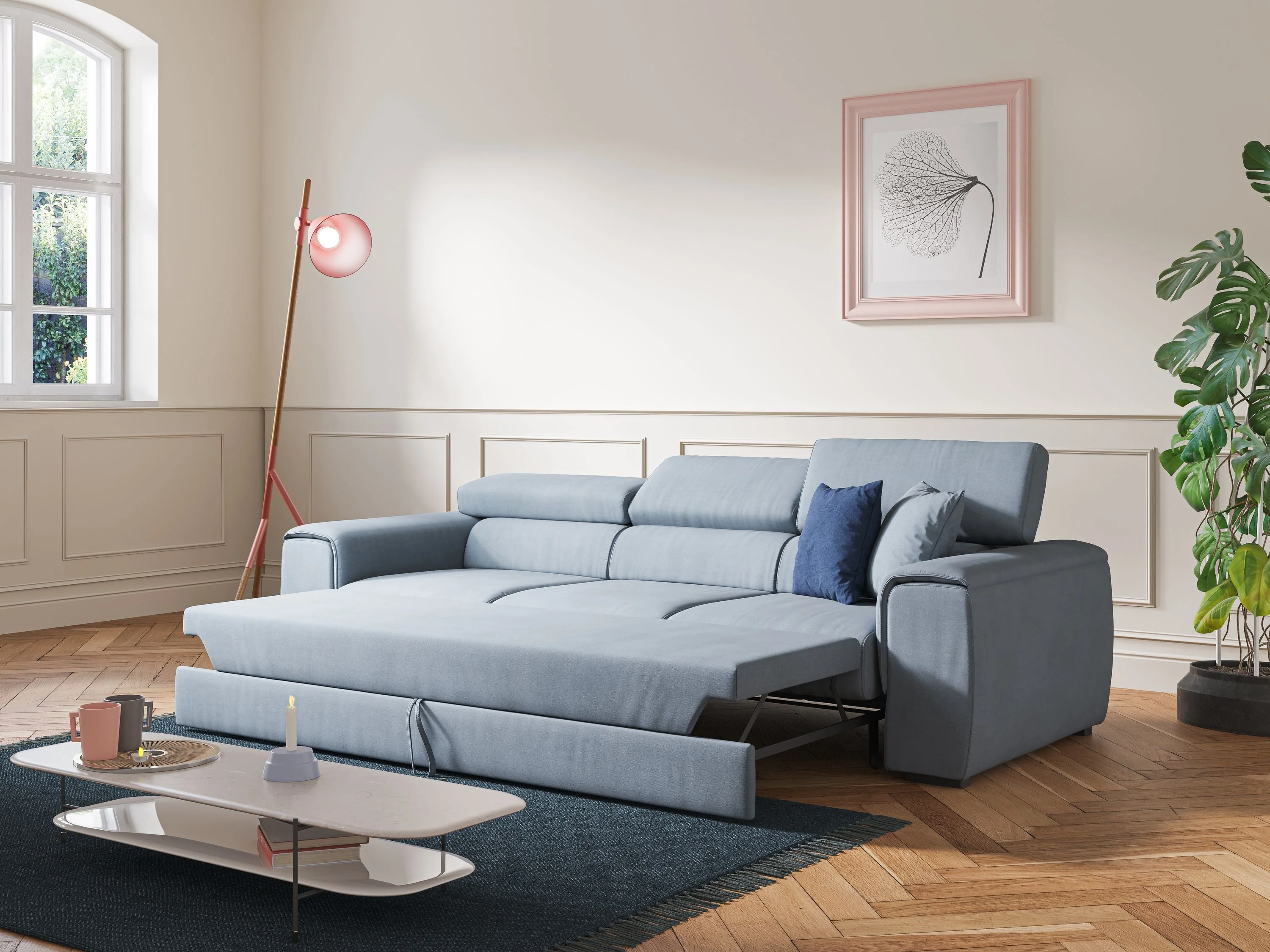 Zeno Canapé avec pouf extractible à 3 assises en tissu doux imperméable T02 sucre glace - Image 2