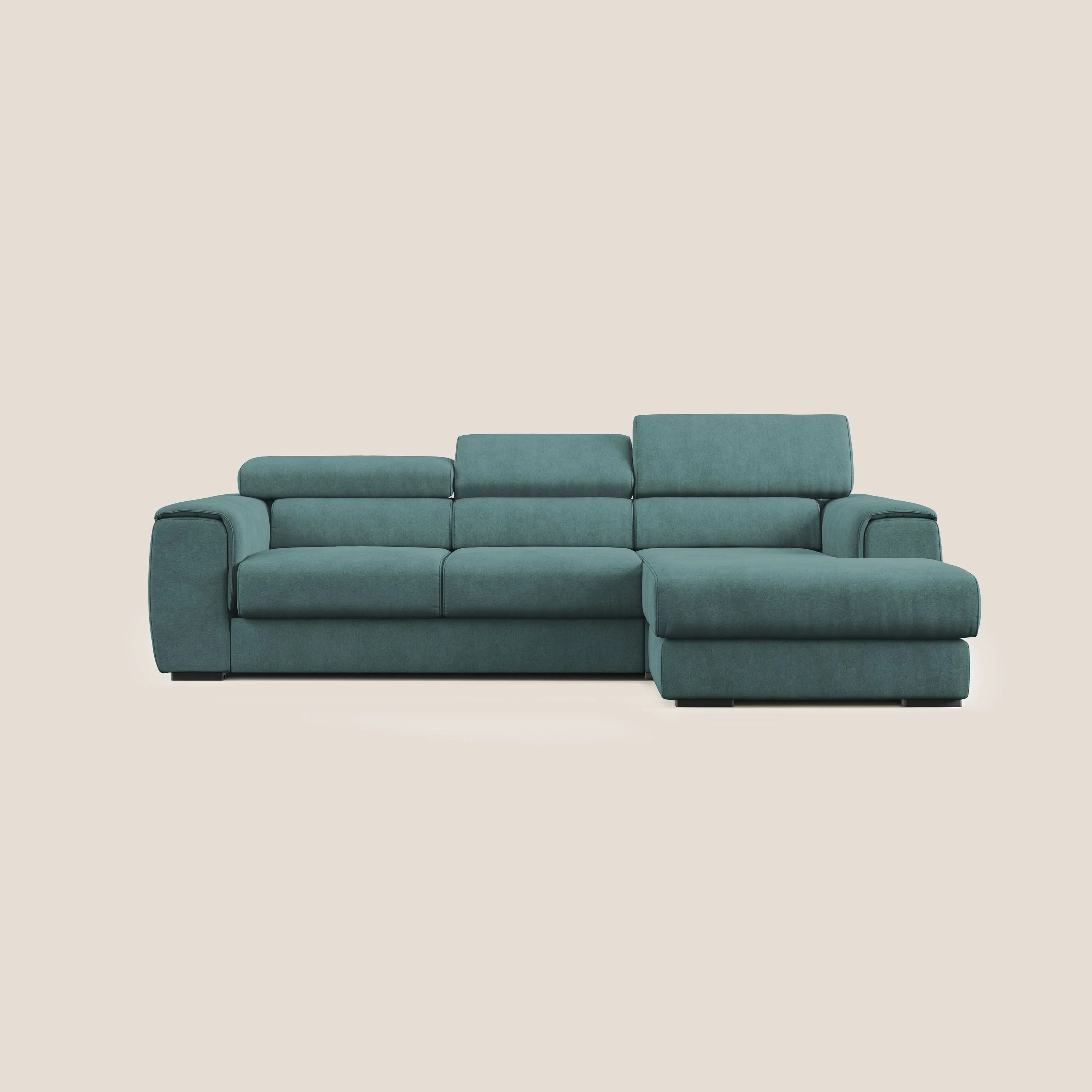 Zeno canapé d'angle et pouf extractible en tissu doux imperméable T02 bleu canard