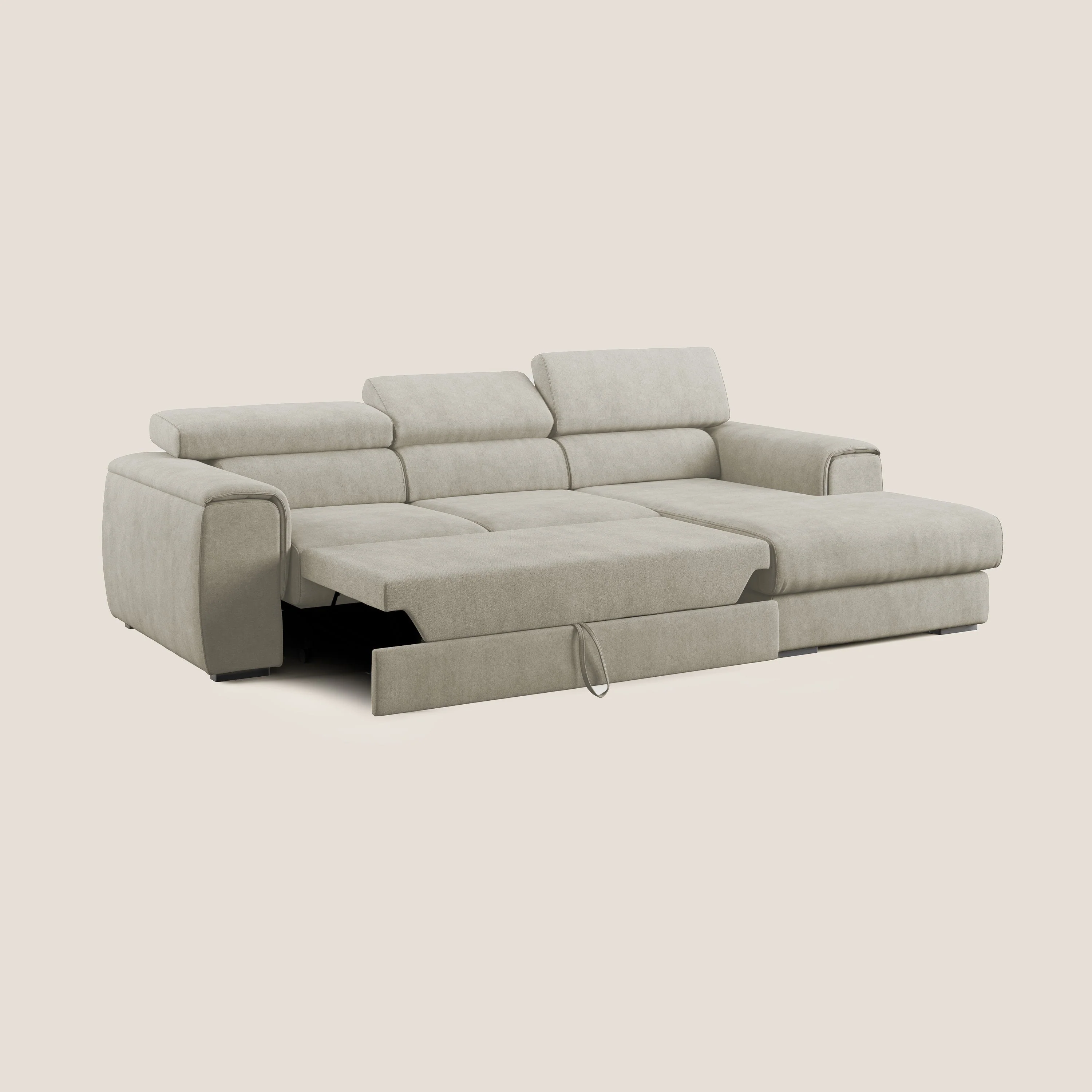 Zeno canapé d'angle et pouf extractible en tissu doux imperméable T02 crème - Image 2