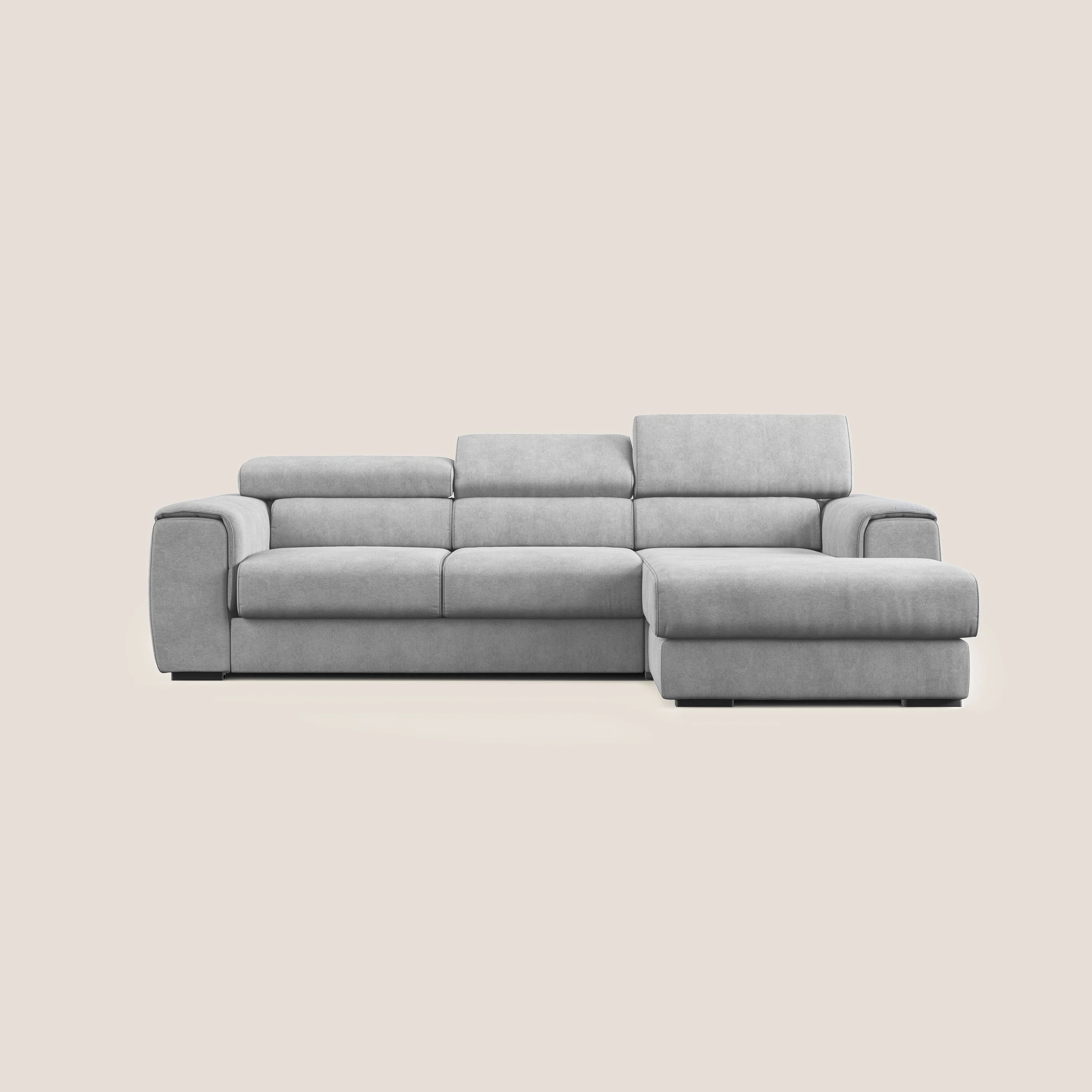 Zeno canapé d'angle et pouf extractible en tissu doux imperméable T02 gris clair