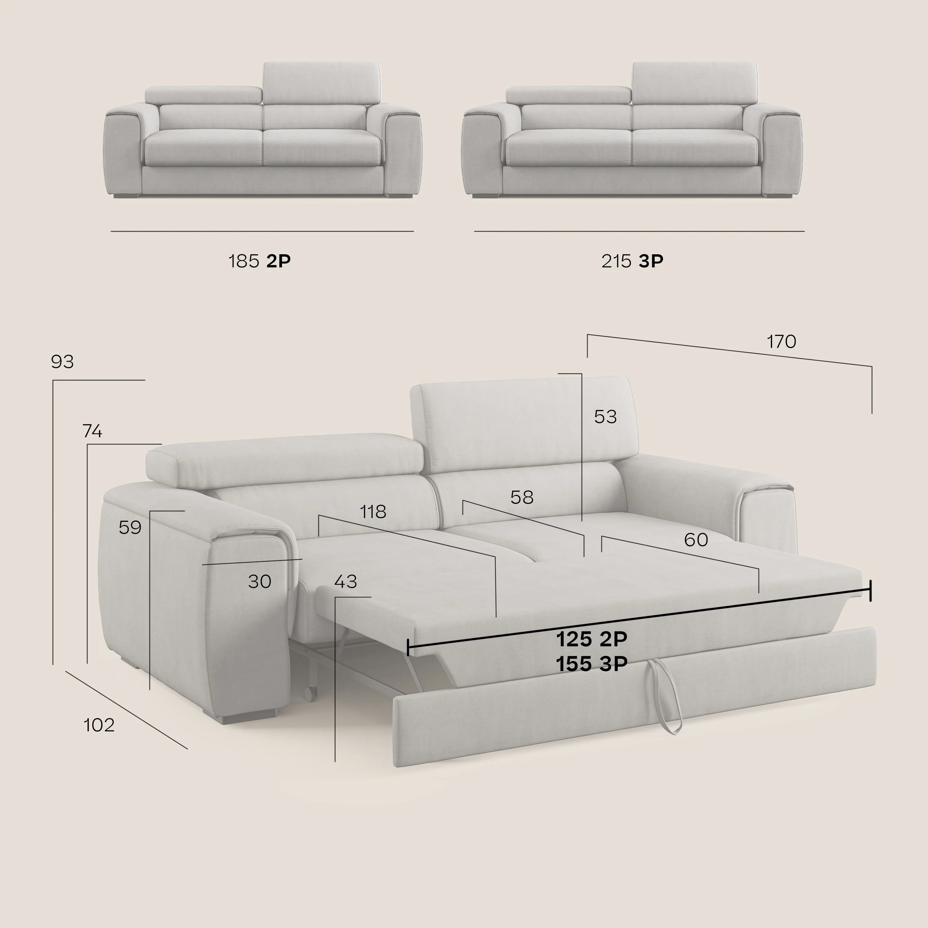 Zeno canapé linéaire avec pouf extractible en tissu doux imperméable T02 bleu gris - Image 12