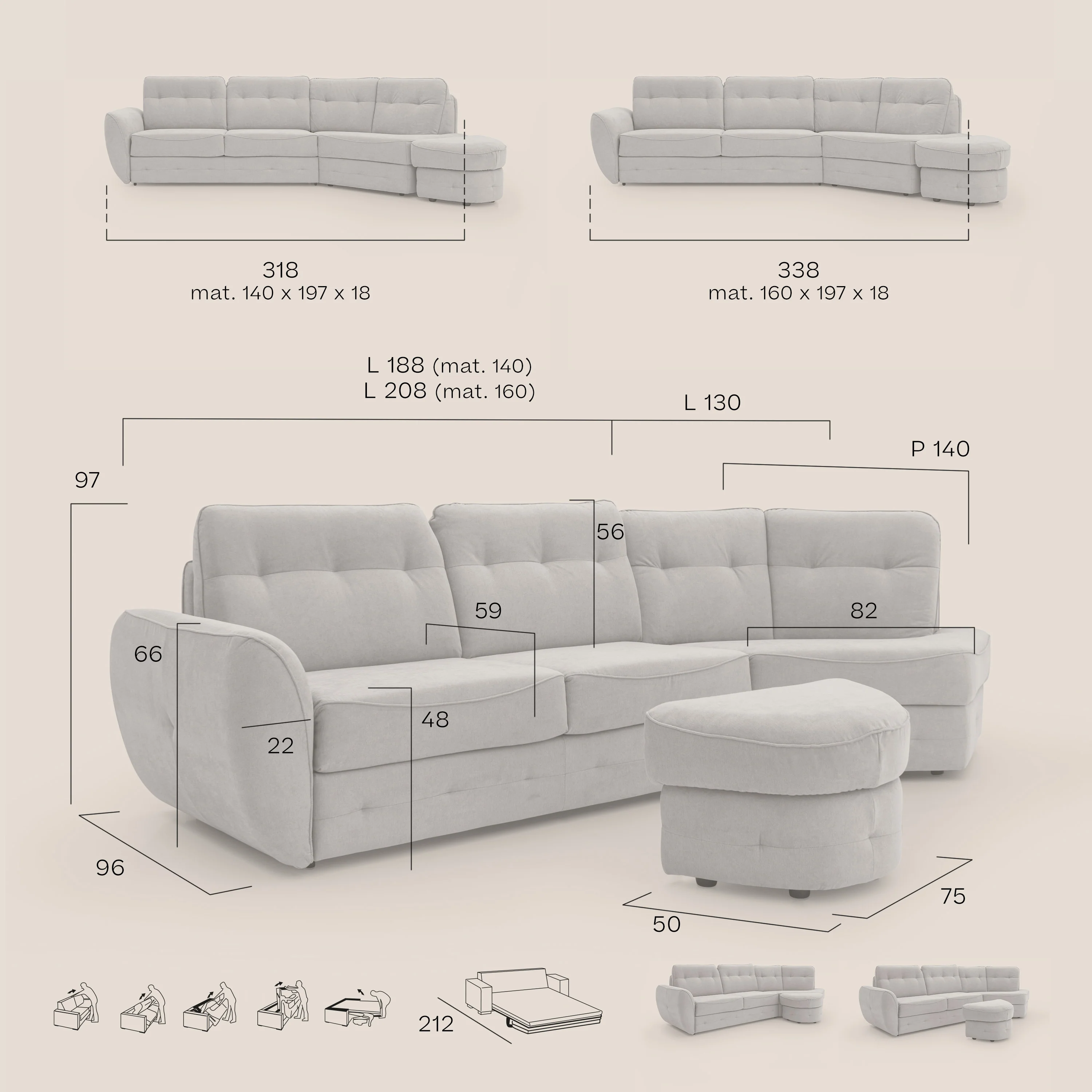 Zeus Canapé d'angle convertible avec matelas H18 cm pouf mobile en tissu imperméable T02 gris clair - Image 17